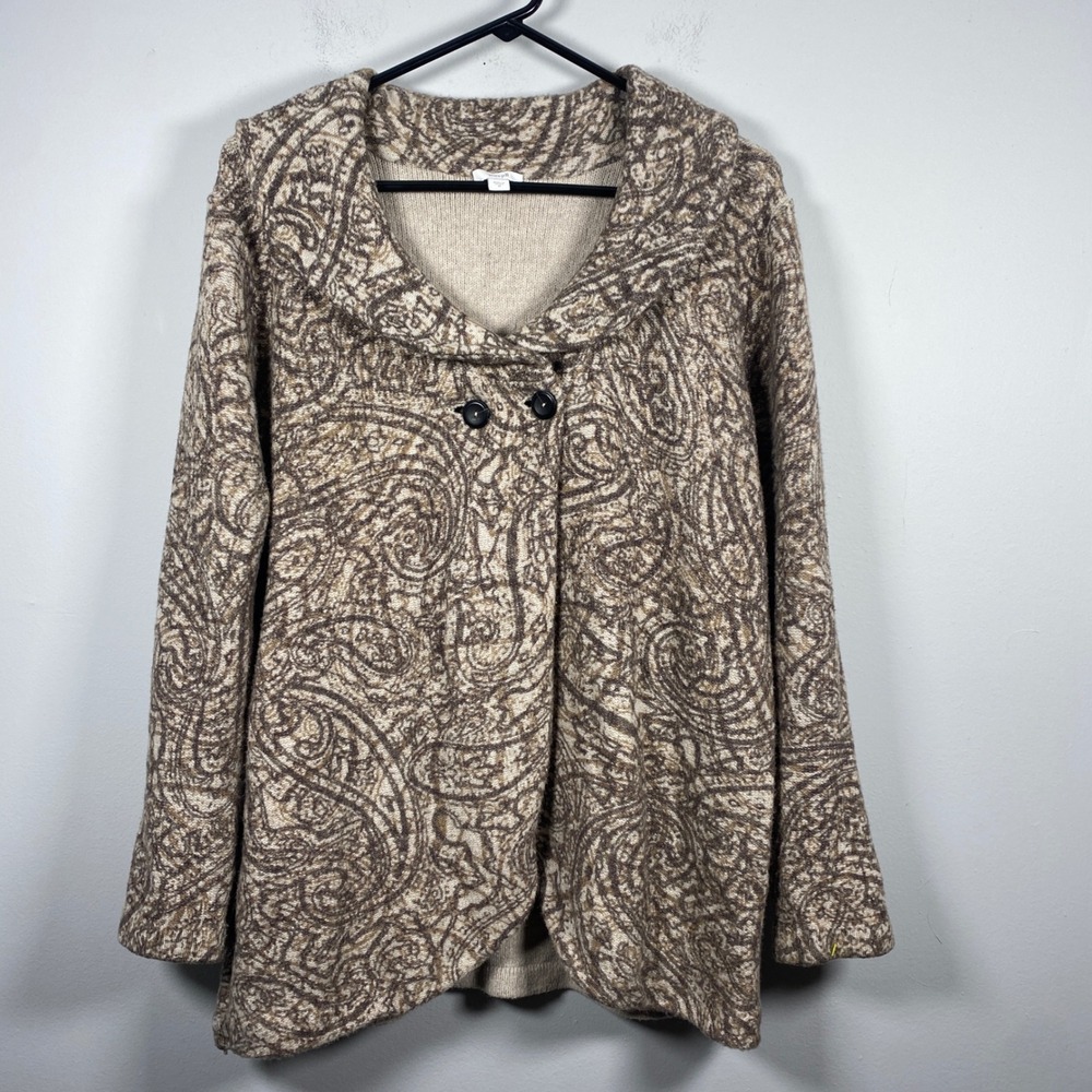 Pure J Jill Curved Front Cardigan Sz Medium Brown Paisley Shawl Collar Sweater